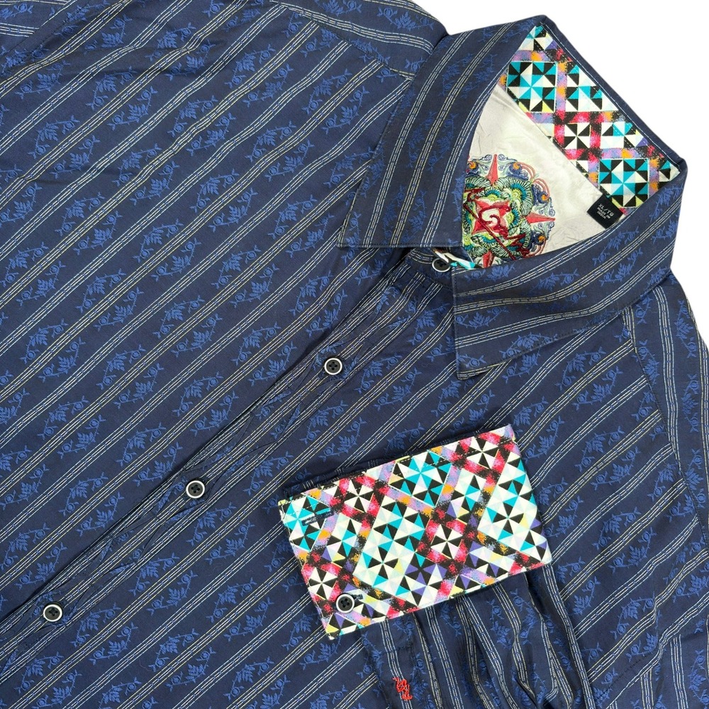 Robert Graham Button Down Shirt Mens XL Navy Blue Jacquard Stripe Floral
